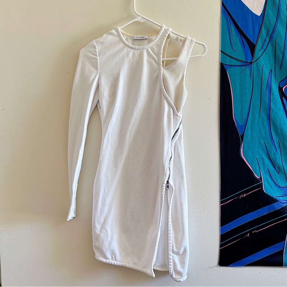 White Authentic Versace Mixed Media Asymmetrical Dress // Size XS